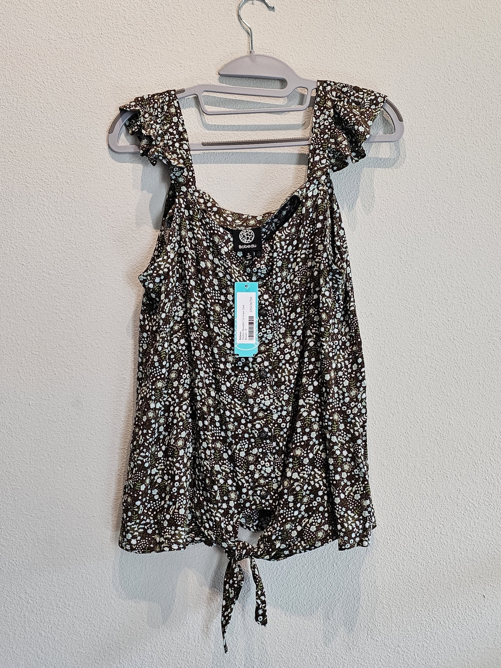Bobeau Brown Floral Button Front Top with Front Tie, NWT, Size S